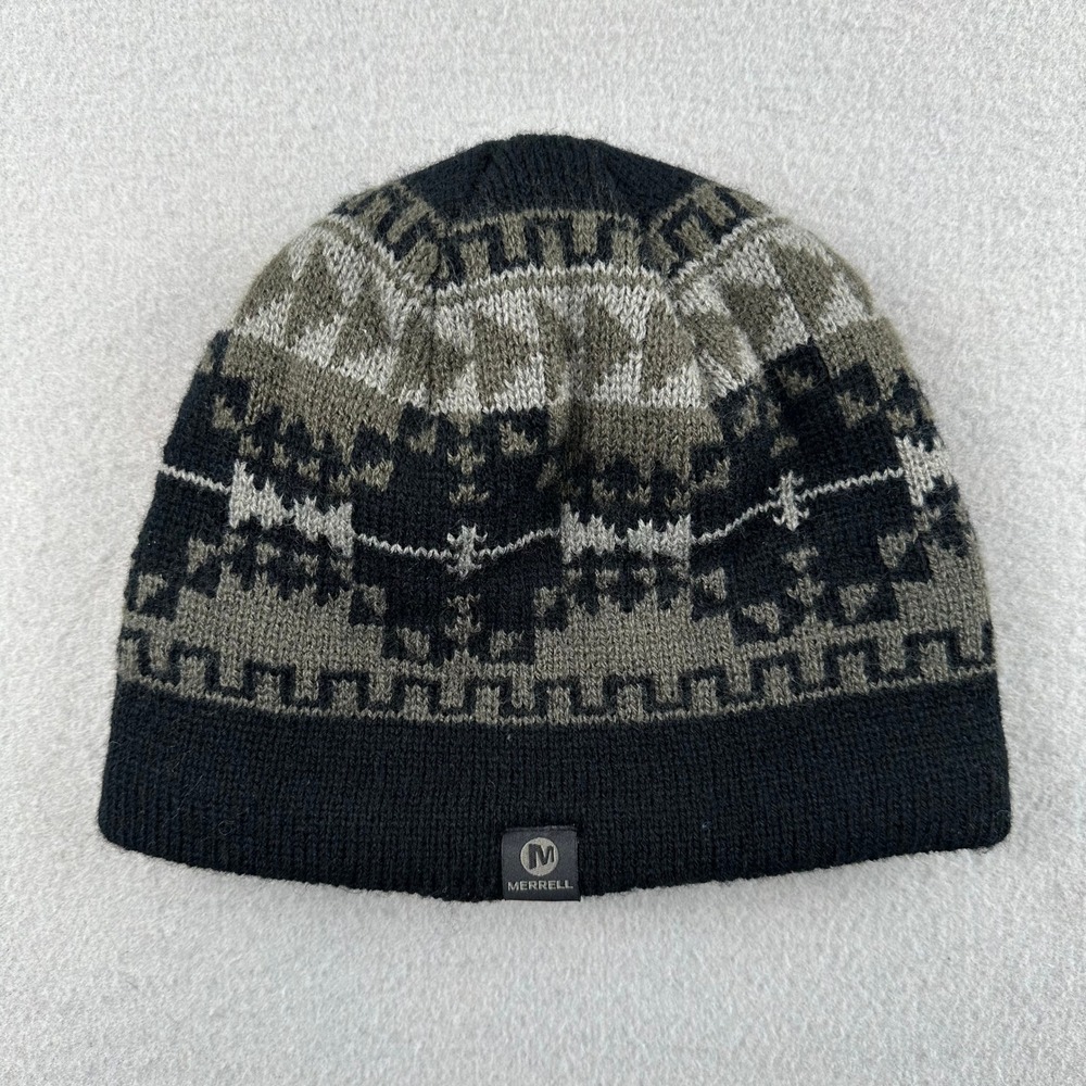 Merrell Beanie Unisex OS Black Grey Fair Isle Knit Fleece Lined Skull Cap Hat